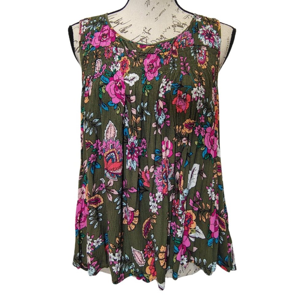 Womens Blouse Medium Sleeveless Olive Green Pink Floral‎ - Y2K Boho Hippie 70s - Picture 5 of 6